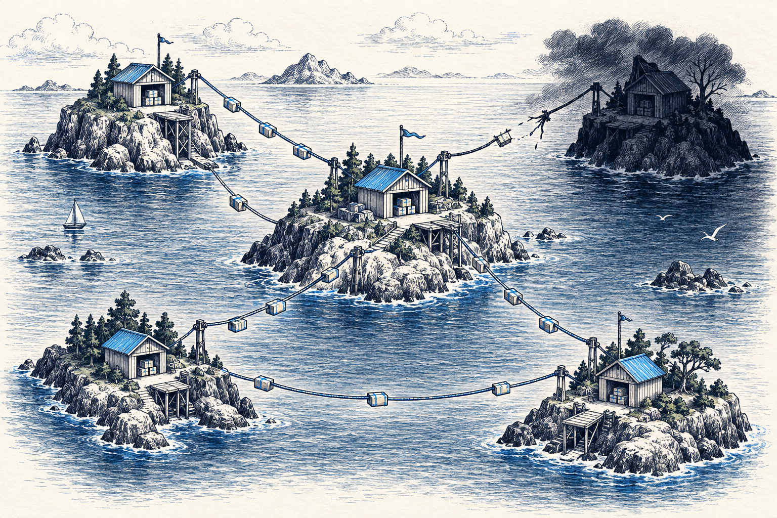 Five small archive islands connected by parcel cables. One island is dark, while alternate connections remain intact.